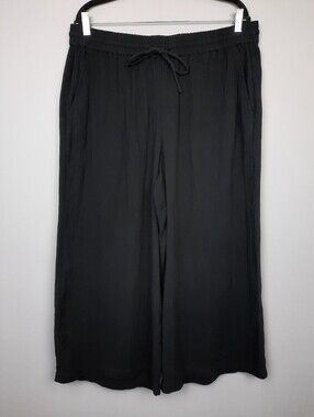 Eileen Fisher Black Organic Cotton Gauze High Rise Wide Leg Crop Pants Large